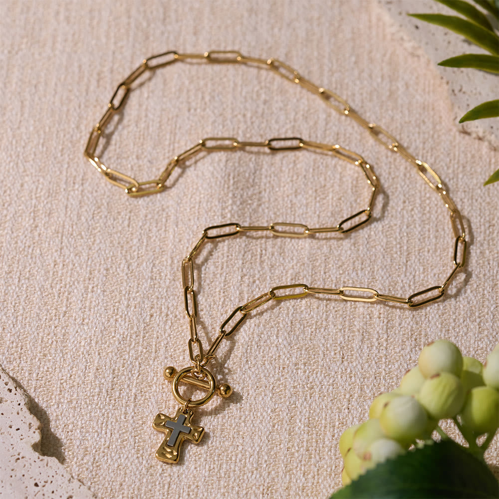 Dual-Tone Textured Cross Chain with OT Clasp: A Token of Divine Connection