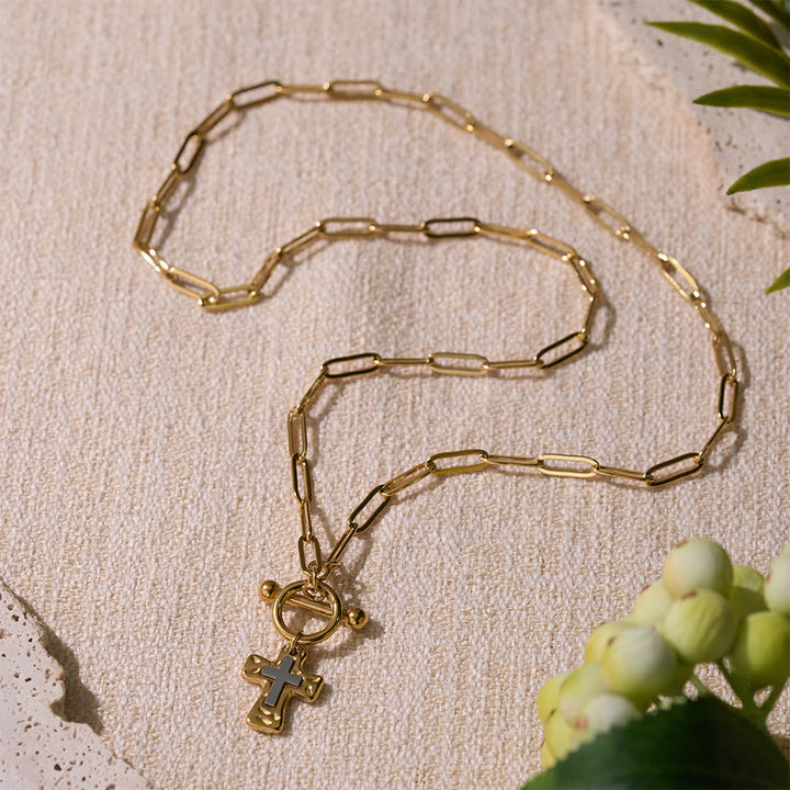Dual-Tone Textured Cross Chain with OT Clasp: A Token of Divine Connection