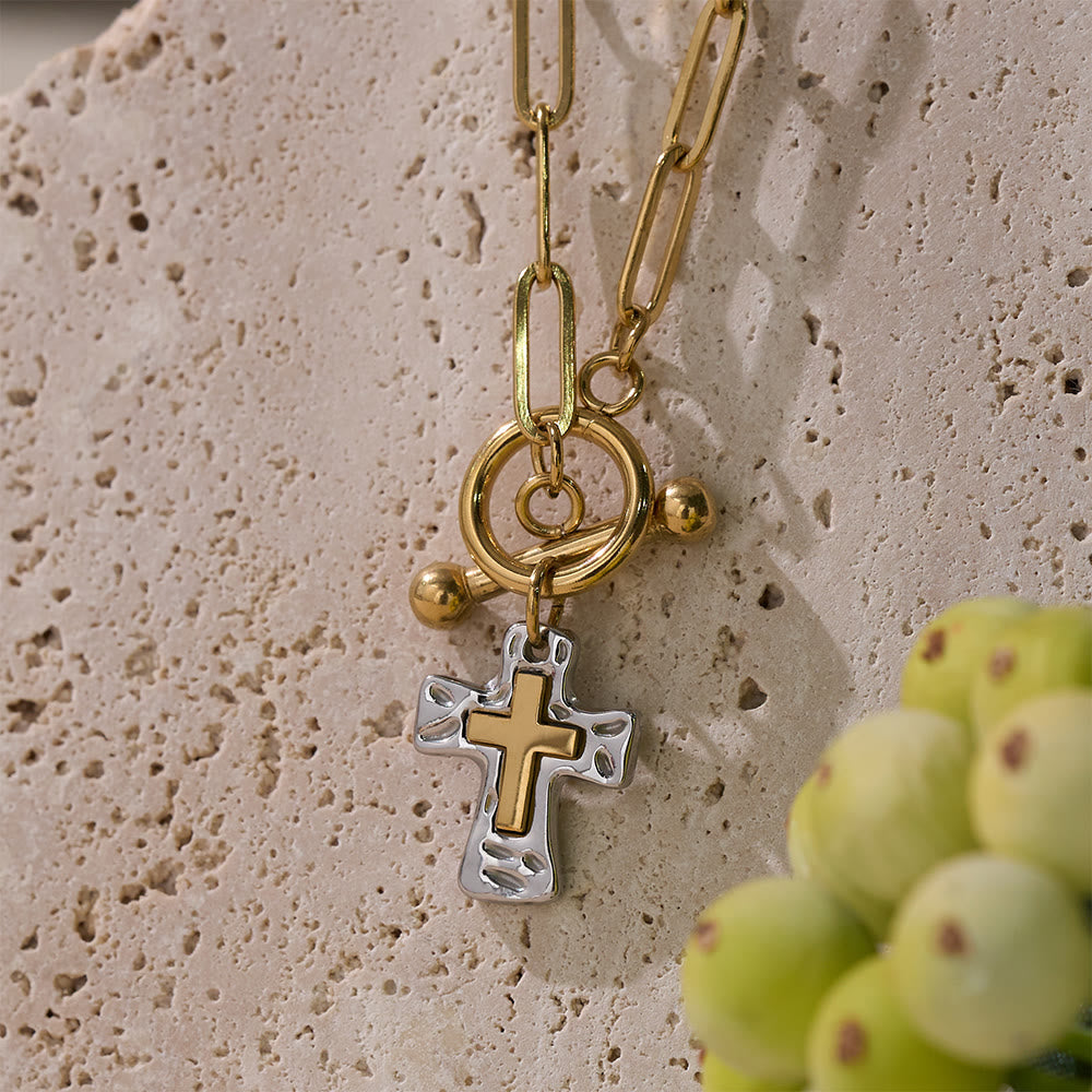 Dual-Tone Textured Cross Chain with OT Clasp: A Token of Divine Connection