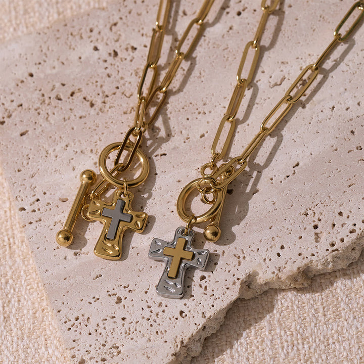 Dual-Tone Textured Cross Chain with OT Clasp: A Token of Divine Connection