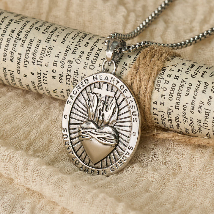 Tri-Color Sacred Heart & Cross Dual-Sided Medallion Necklace: Emblem of Divine Love