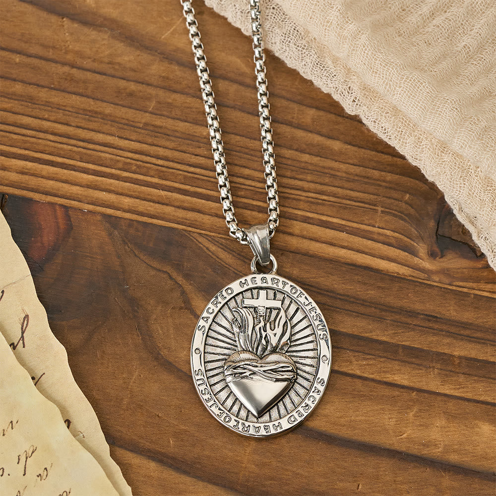 Tri-Color Sacred Heart & Cross Dual-Sided Medallion Necklace: Emblem of Divine Love