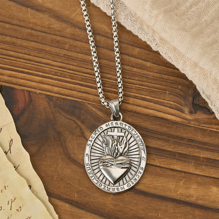 Tri-Color Sacred Heart & Cross Dual-Sided Medallion Necklace: Emblem of Divine Love