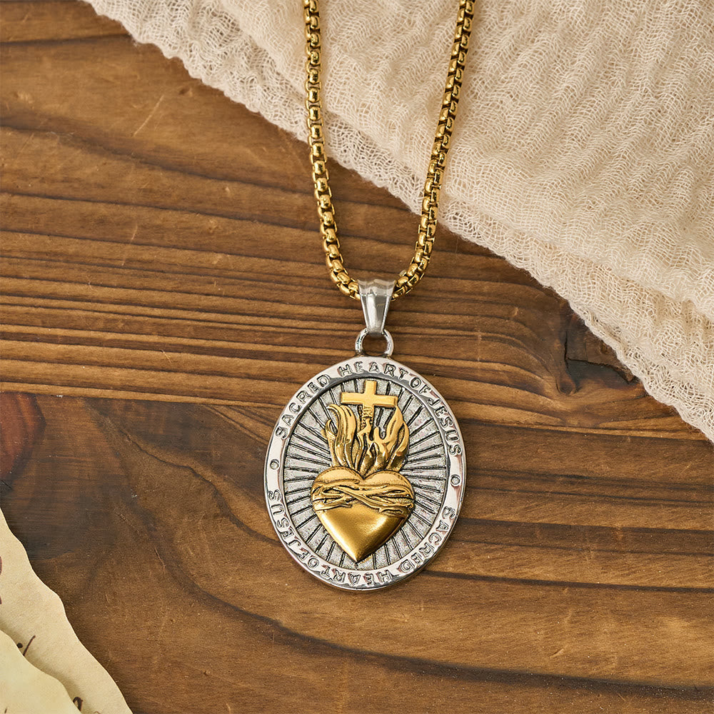 Tri-Color Sacred Heart & Cross Dual-Sided Medallion Necklace: Emblem of Divine Love