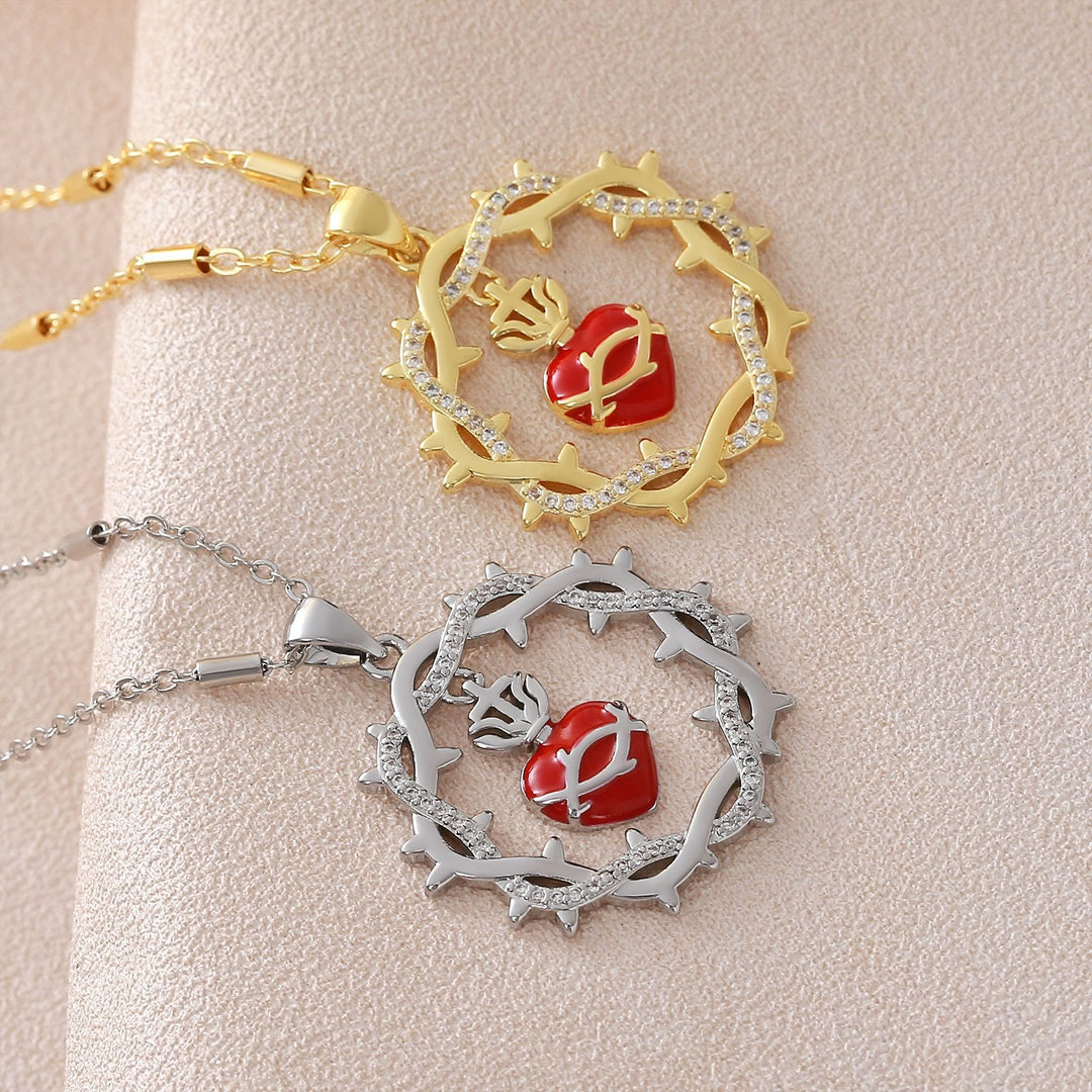 Thorn-Wreathed Sacred Heart Dual-Tone Necklace: Emblem of Divine Love
