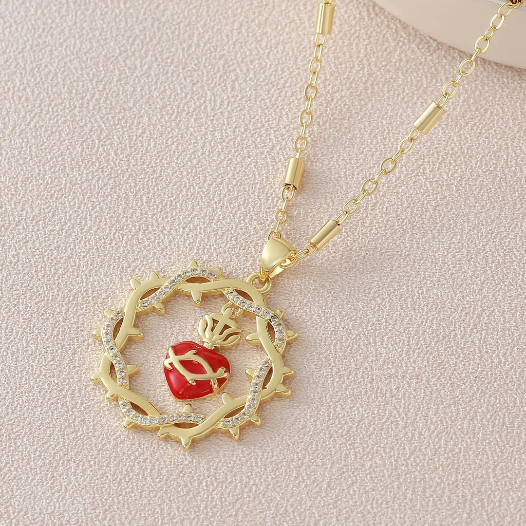 Thorn-Wreathed Sacred Heart Dual-Tone Necklace: Emblem of Divine Love