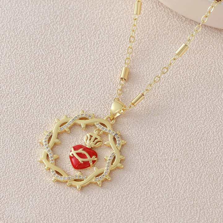 Thorn-Wreathed Sacred Heart Dual-Tone Necklace: Emblem of Divine Love