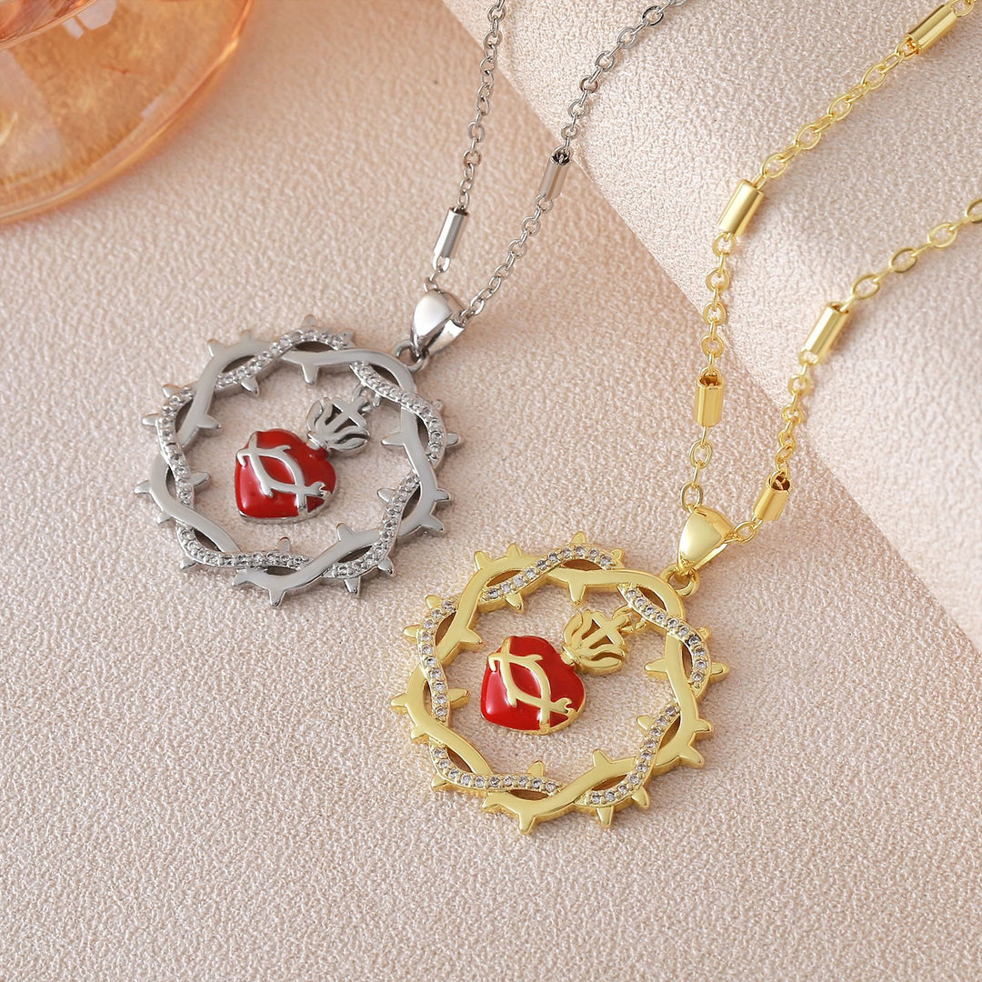 Thorn-Wreathed Sacred Heart Dual-Tone Necklace: Emblem of Divine Love