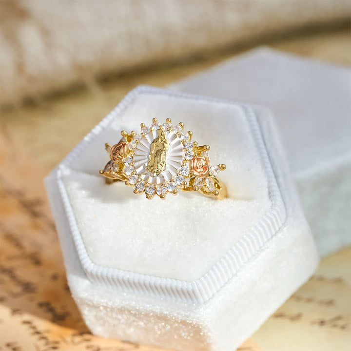 Floral Rose Radiant Our Lady Zircon Ring: Carry the Light of Maternal Love