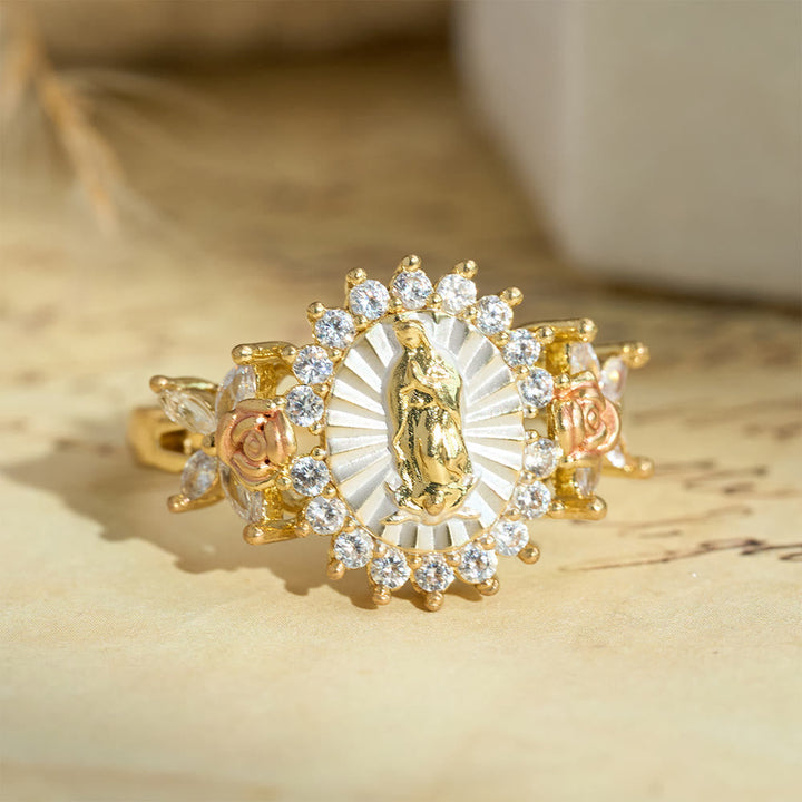 Floral Rose Radiant Our Lady Zircon Ring: Carry the Light of Maternal Love