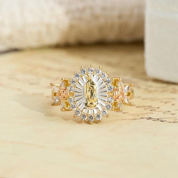 Floral Rose Radiant Our Lady Zircon Ring: Carry the Light of Maternal Love