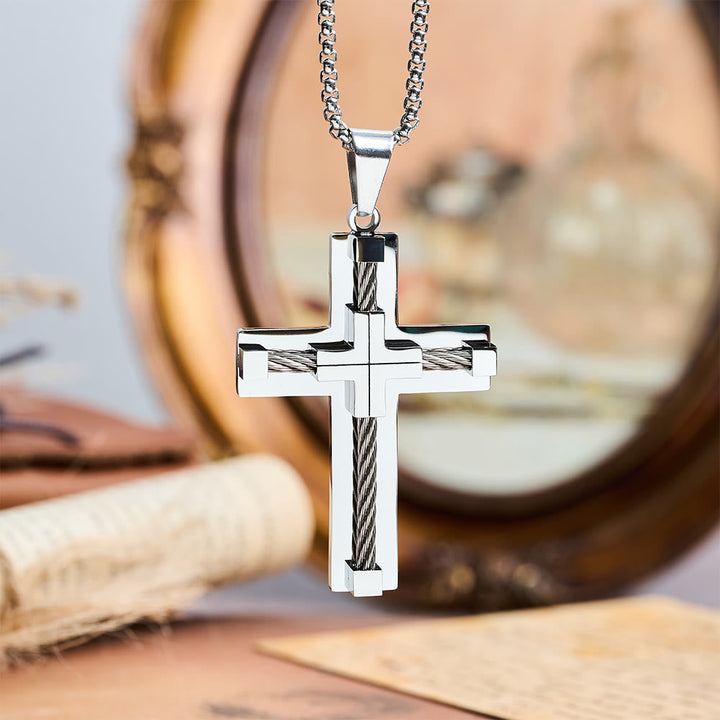 Three-Color Dual-Layer Twisted Steel Core Cross Necklace: Light of Divine Faith in Every Wear