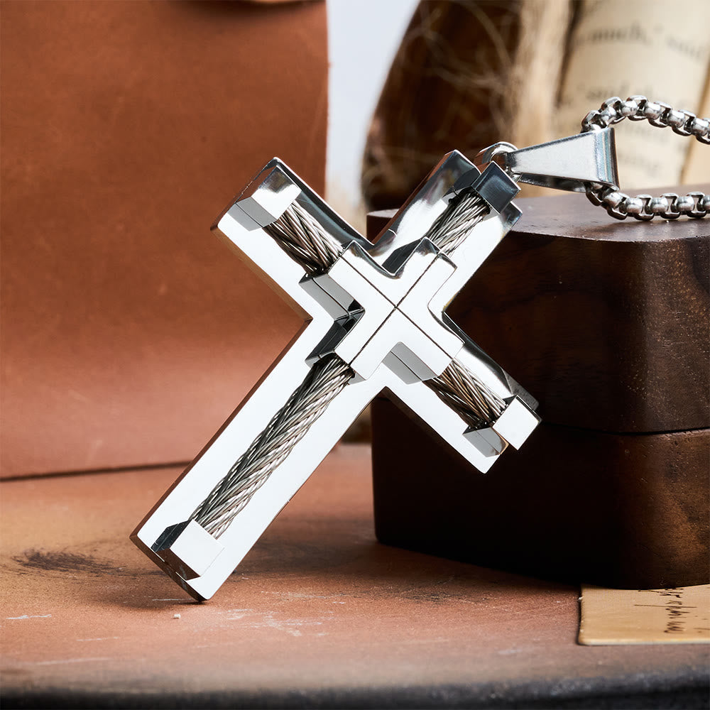 Three-Color Dual-Layer Twisted Steel Core Cross Necklace: Light of Divine Faith in Every Wear