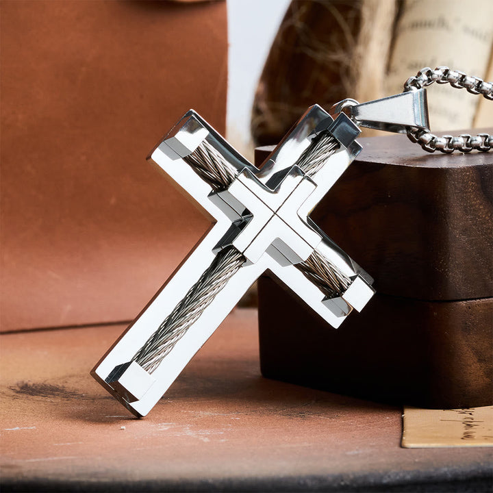 Three-Color Dual-Layer Twisted Steel Core Cross Necklace: Light of Divine Faith in Every Wear