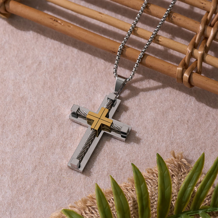 Three-Color Dual-Layer Twisted Steel Core Cross Necklace: Light of Divine Faith in Every Wear