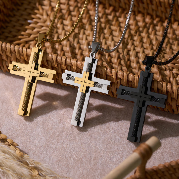 Three-Color Dual-Layer Twisted Steel Core Cross Necklace: Light of Divine Faith in Every Wear