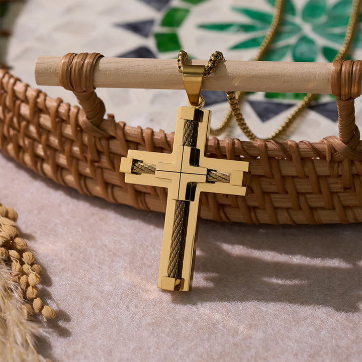 Three-Color Dual-Layer Twisted Steel Core Cross Necklace: Light of Divine Faith in Every Wear