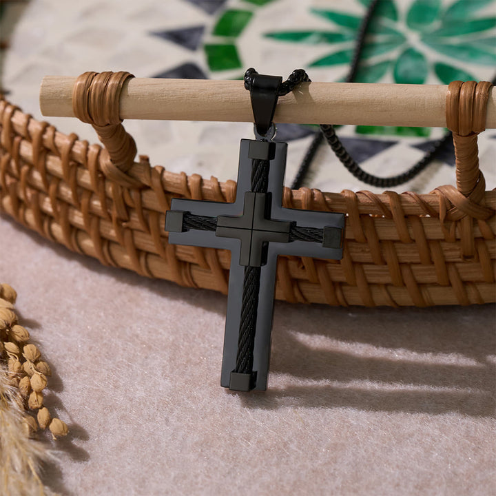 Three-Color Dual-Layer Twisted Steel Core Cross Necklace: Light of Divine Faith in Every Wear