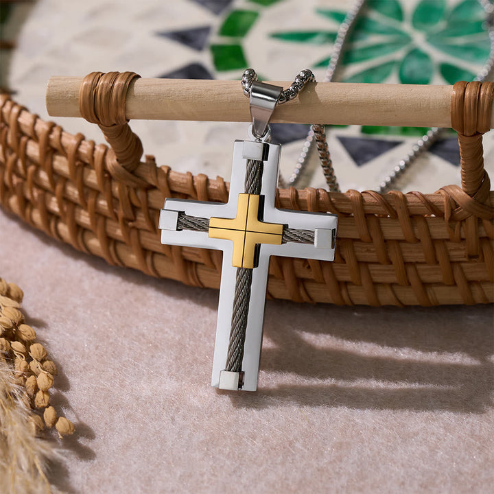 Three-Color Dual-Layer Twisted Steel Core Cross Necklace: Light of Divine Faith in Every Wear