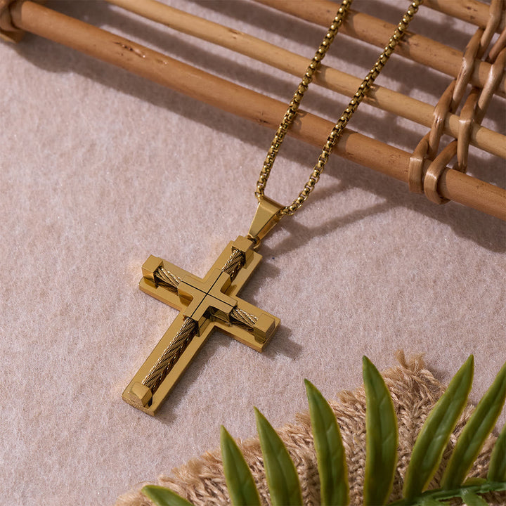Three-Color Dual-Layer Twisted Steel Core Cross Necklace: Light of Divine Faith in Every Wear