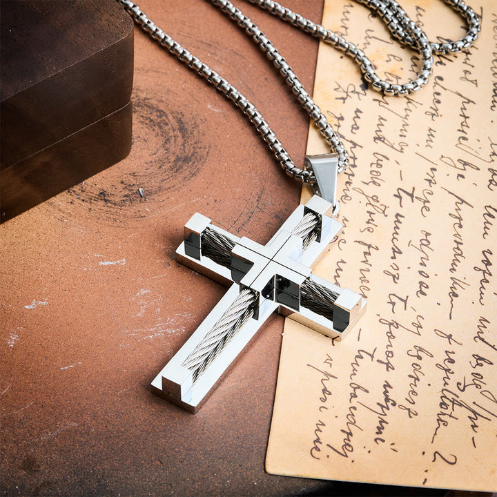 Three-Color Dual-Layer Twisted Steel Core Cross Necklace: Light of Divine Faith in Every Wear