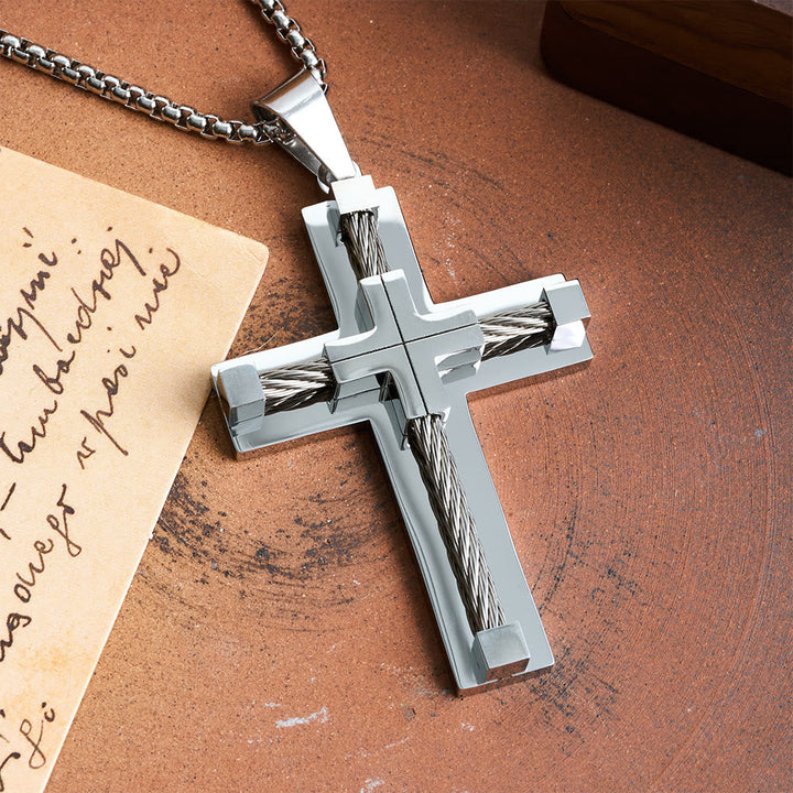 Three-Color Dual-Layer Twisted Steel Core Cross Necklace: Light of Divine Faith in Every Wear