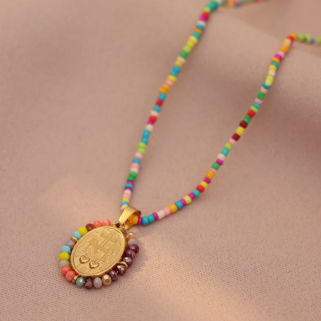 Beaded Border Our Lady Medal Necklace: Emblem of Marian Devotion