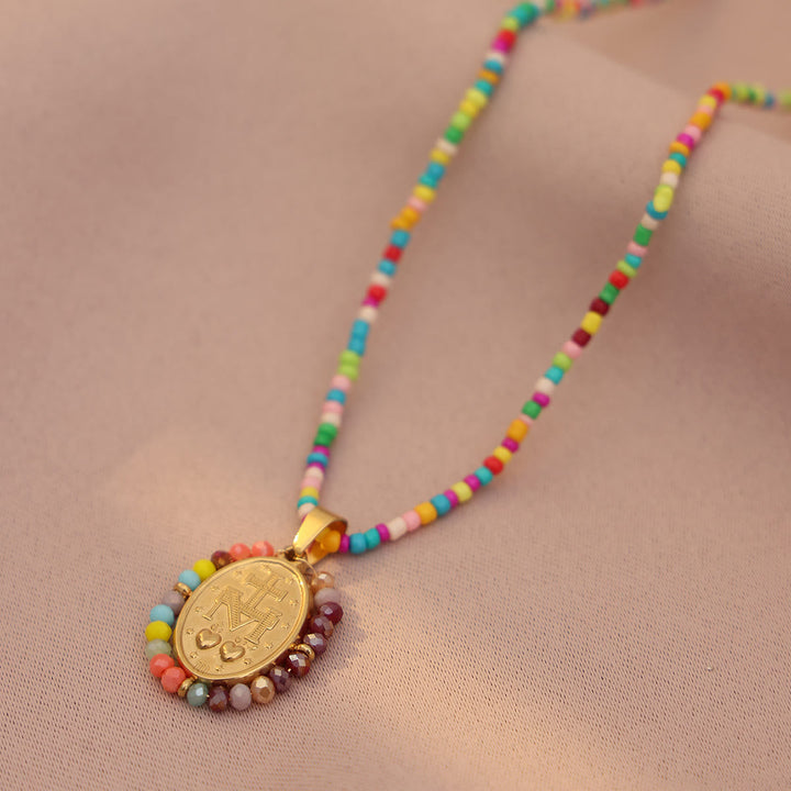 Beaded Border Our Lady Medal Necklace: Emblem of Marian Devotion