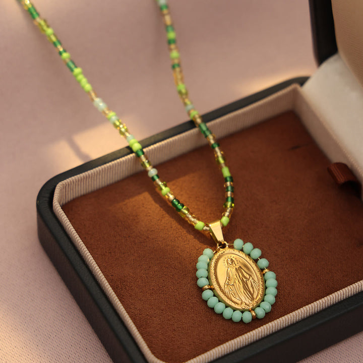 Beaded Border Our Lady Medal Necklace: Emblem of Marian Devotion