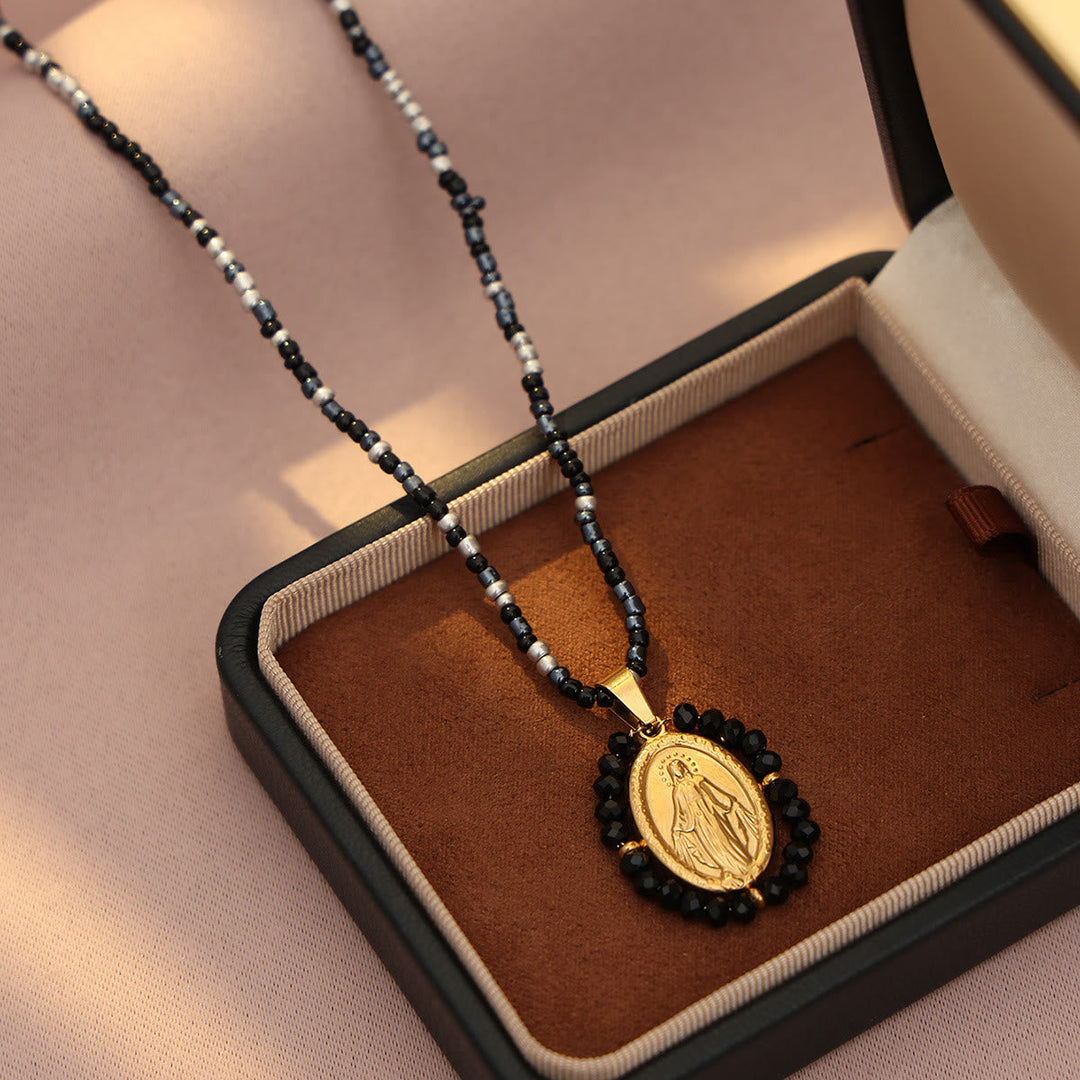 Beaded Border Our Lady Medal Necklace: Emblem of Marian Devotion