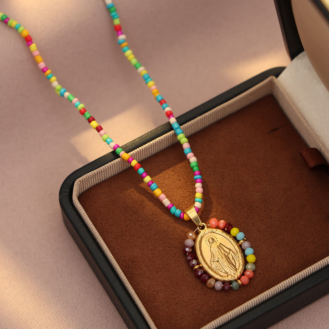 Beaded Border Our Lady Medal Necklace: Emblem of Marian Devotion