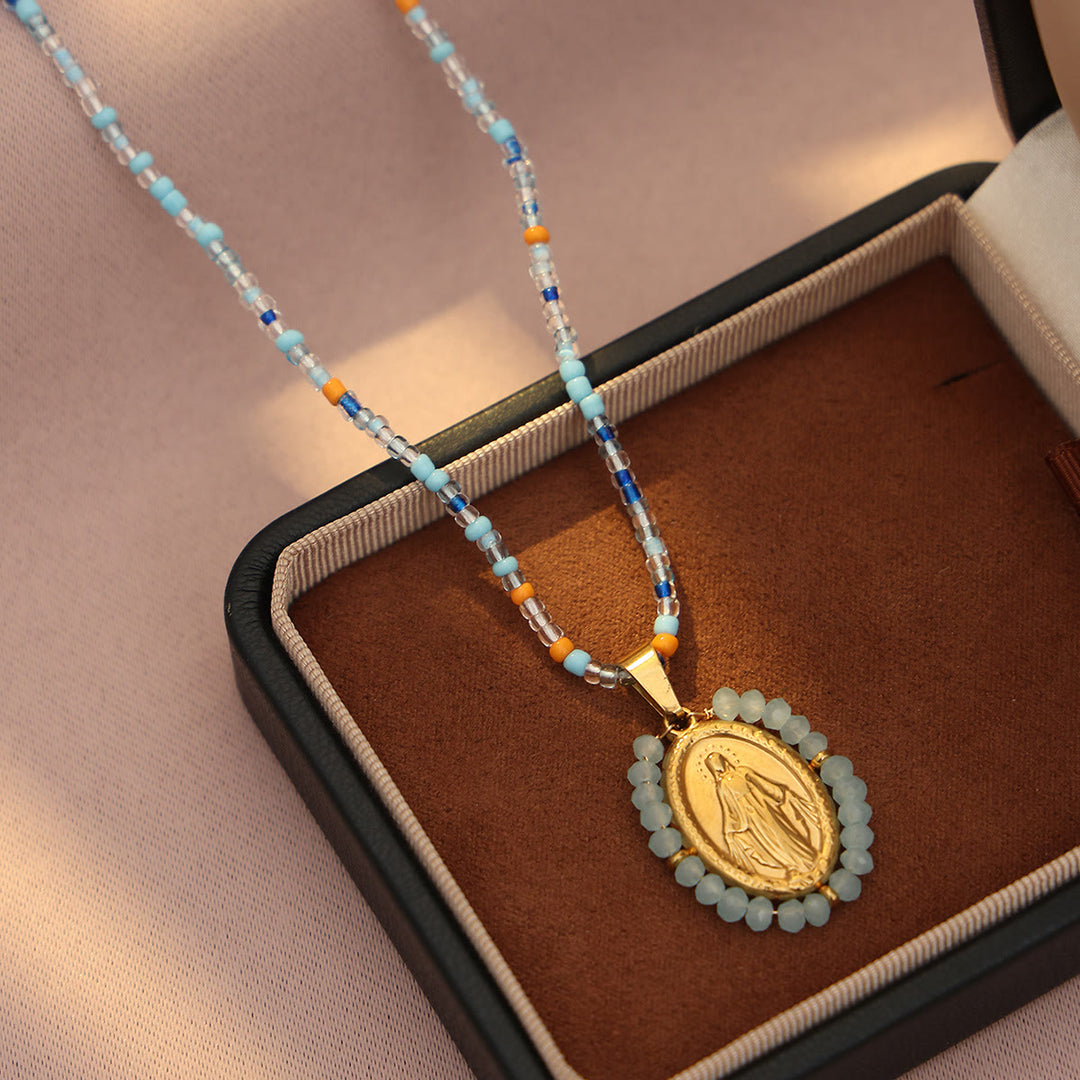 Beaded Border Our Lady Medal Necklace: Emblem of Marian Devotion