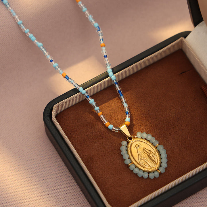 Beaded Border Our Lady Medal Necklace: Emblem of Marian Devotion