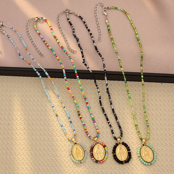 Beaded Border Our Lady Medal Necklace: Emblem of Marian Devotion