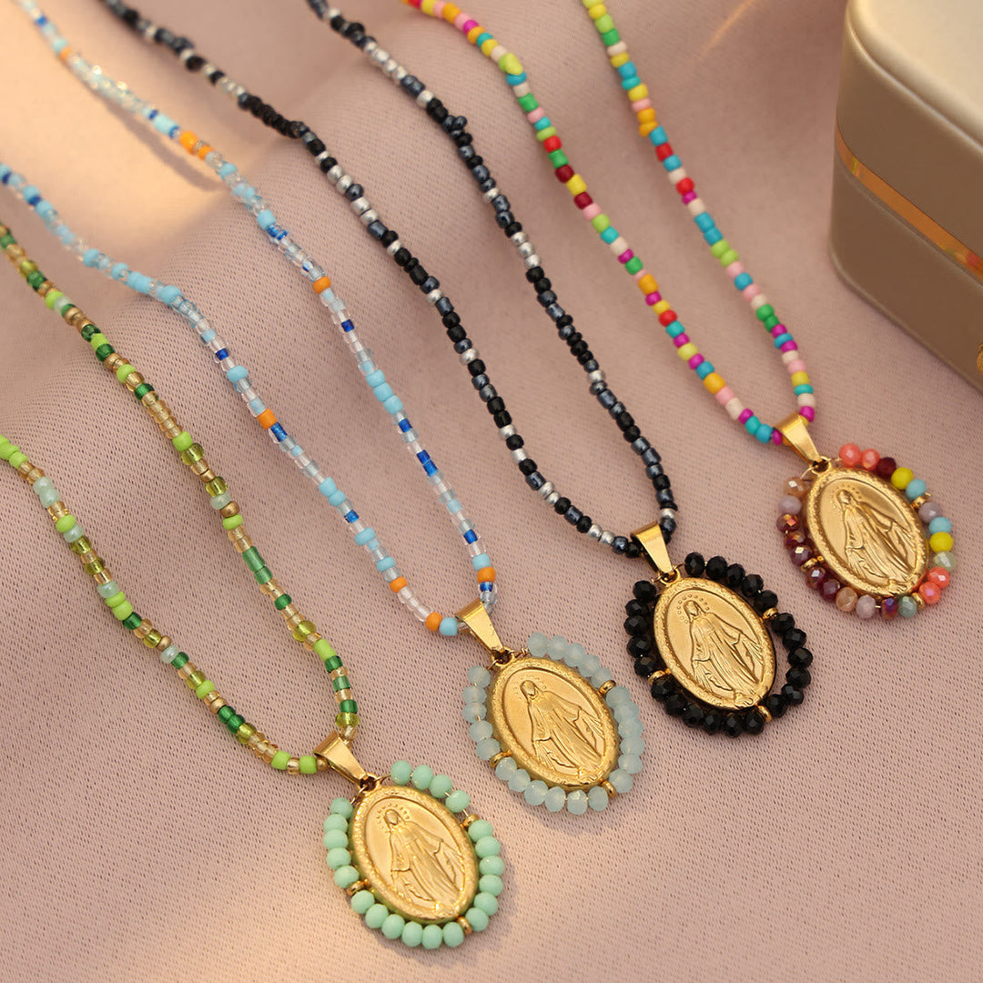 Beaded Border Our Lady Medal Necklace: Emblem of Marian Devotion
