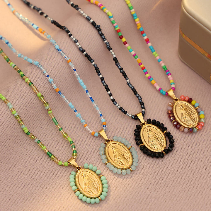Beaded Border Our Lady Medal Necklace: Emblem of Marian Devotion