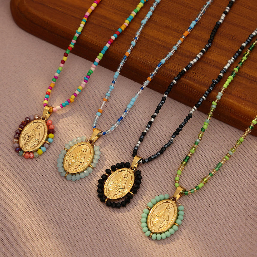 Beaded Border Our Lady Medal Necklace: Emblem of Marian Devotion