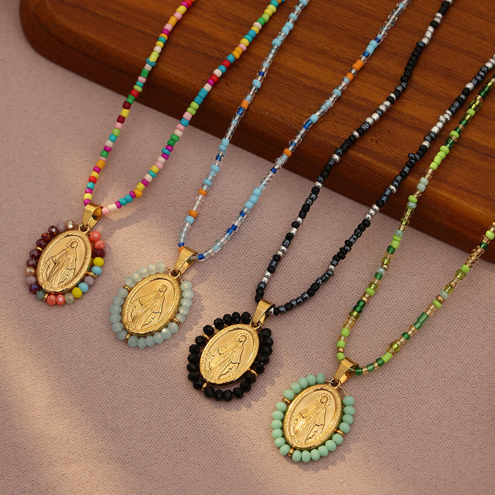 Beaded Border Our Lady Medal Necklace: Emblem of Marian Devotion
