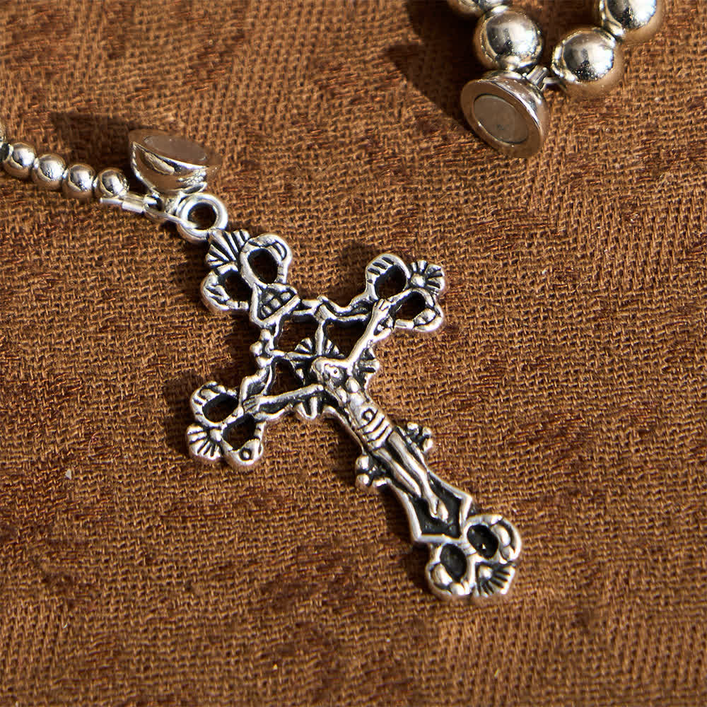 Sacred Silver Tone Magnetic Rosary Bracelet: 2-in-1 Prayer & Bracelet