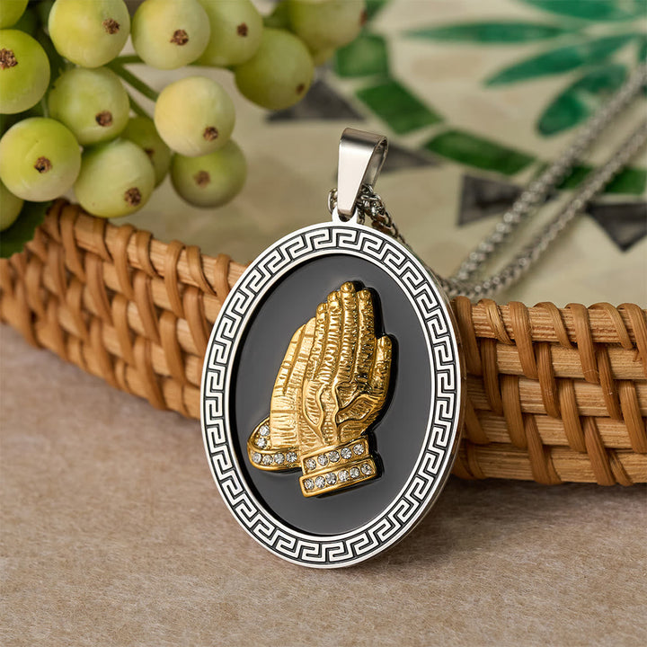 Oval Praying Hands CZ Statement Necklace: Symbol of Divine Connection