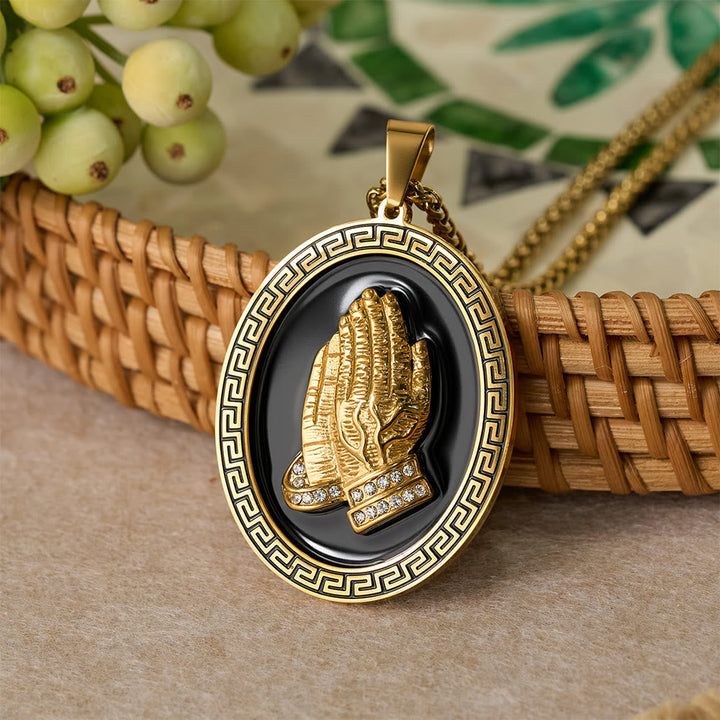 Oval Praying Hands CZ Statement Necklace: Symbol of Divine Connection