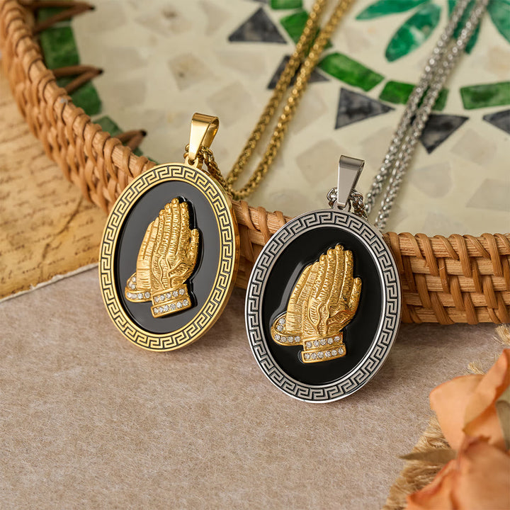 Oval Praying Hands CZ Statement Necklace: Symbol of Divine Connection