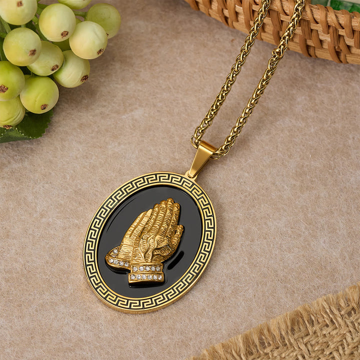 Oval Praying Hands CZ Statement Necklace: Symbol of Divine Connection