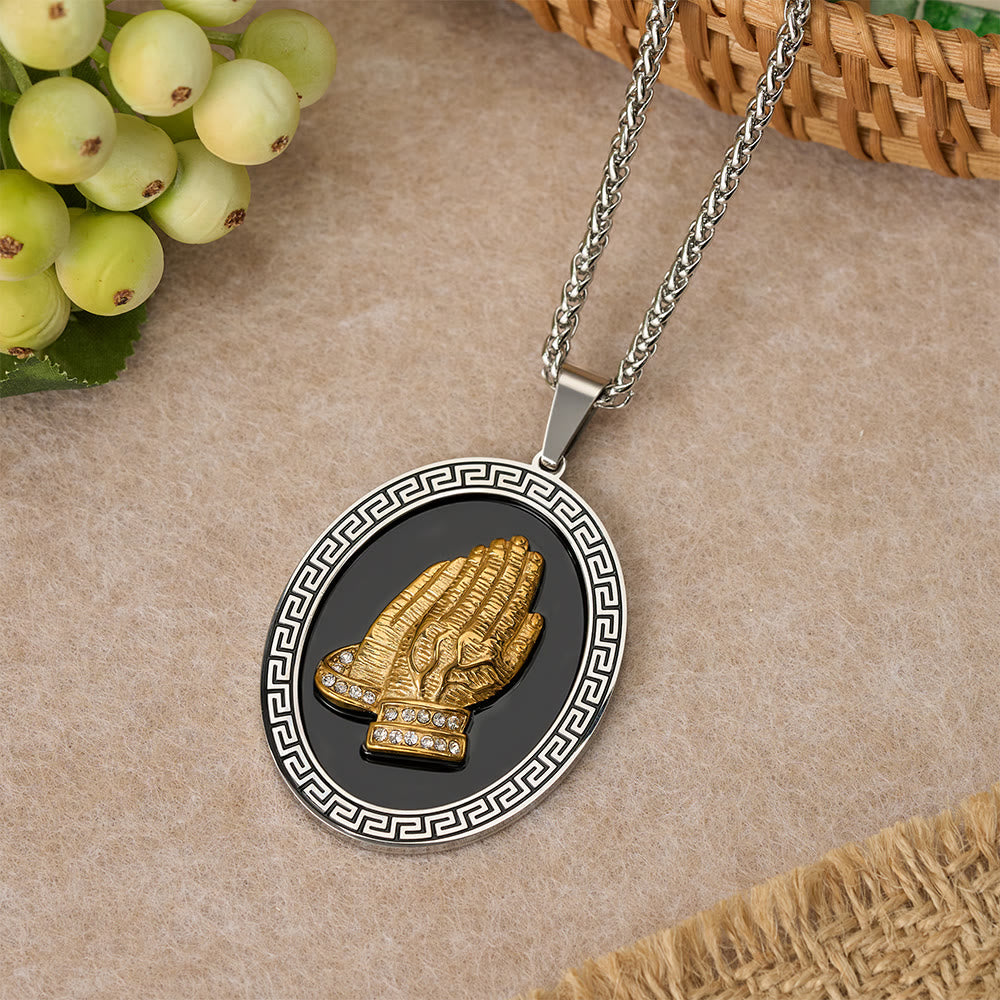 Oval Praying Hands CZ Statement Necklace: Symbol of Divine Connection