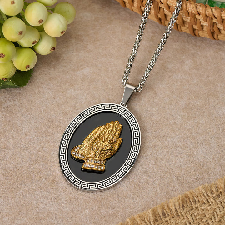 Oval Praying Hands CZ Statement Necklace: Symbol of Divine Connection