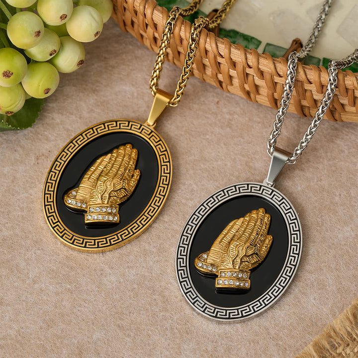 Oval Praying Hands CZ Statement Necklace: Symbol of Divine Connection
