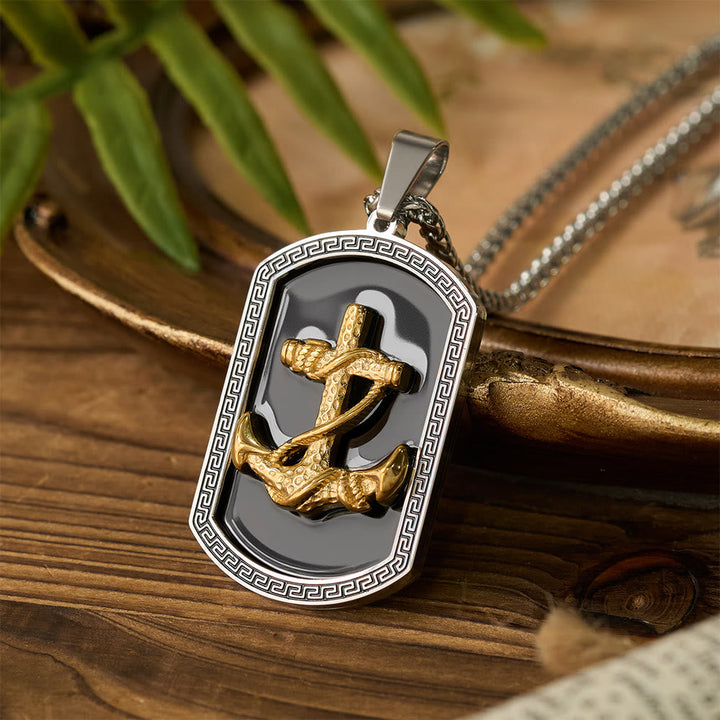 Anchor Cross Greek Key Dog Tag Pendant Necklace: Emblem of Faith & Steadfast Hope