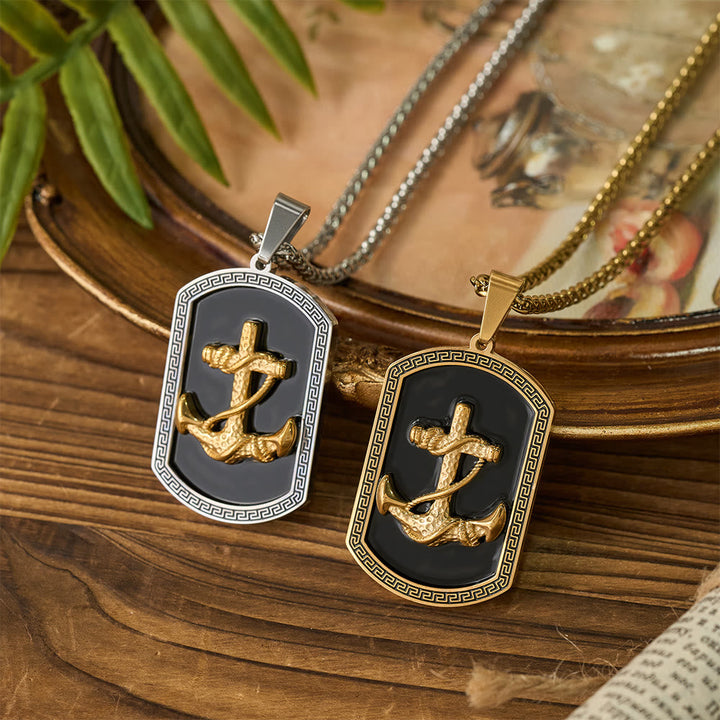 Anchor Cross Greek Key Dog Tag Pendant Necklace: Emblem of Faith & Steadfast Hope