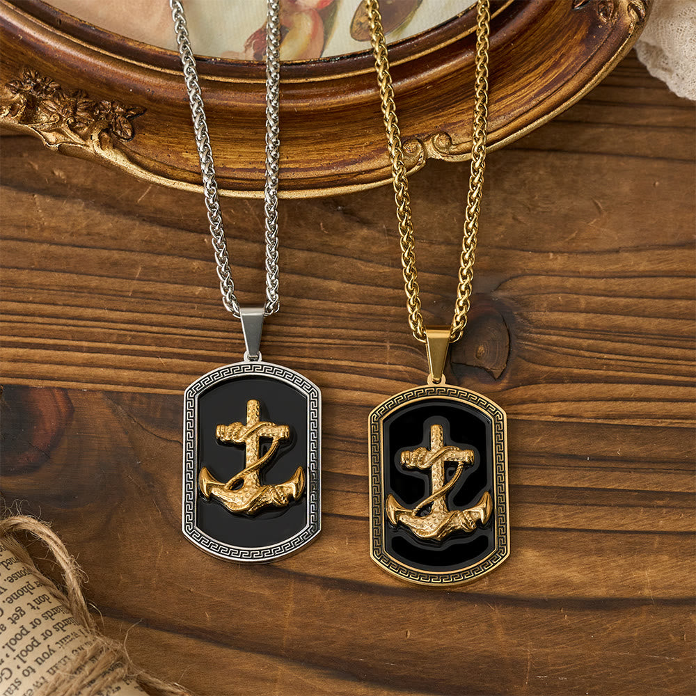 Anchor Cross Greek Key Dog Tag Pendant Necklace: Emblem of Faith & Steadfast Hope