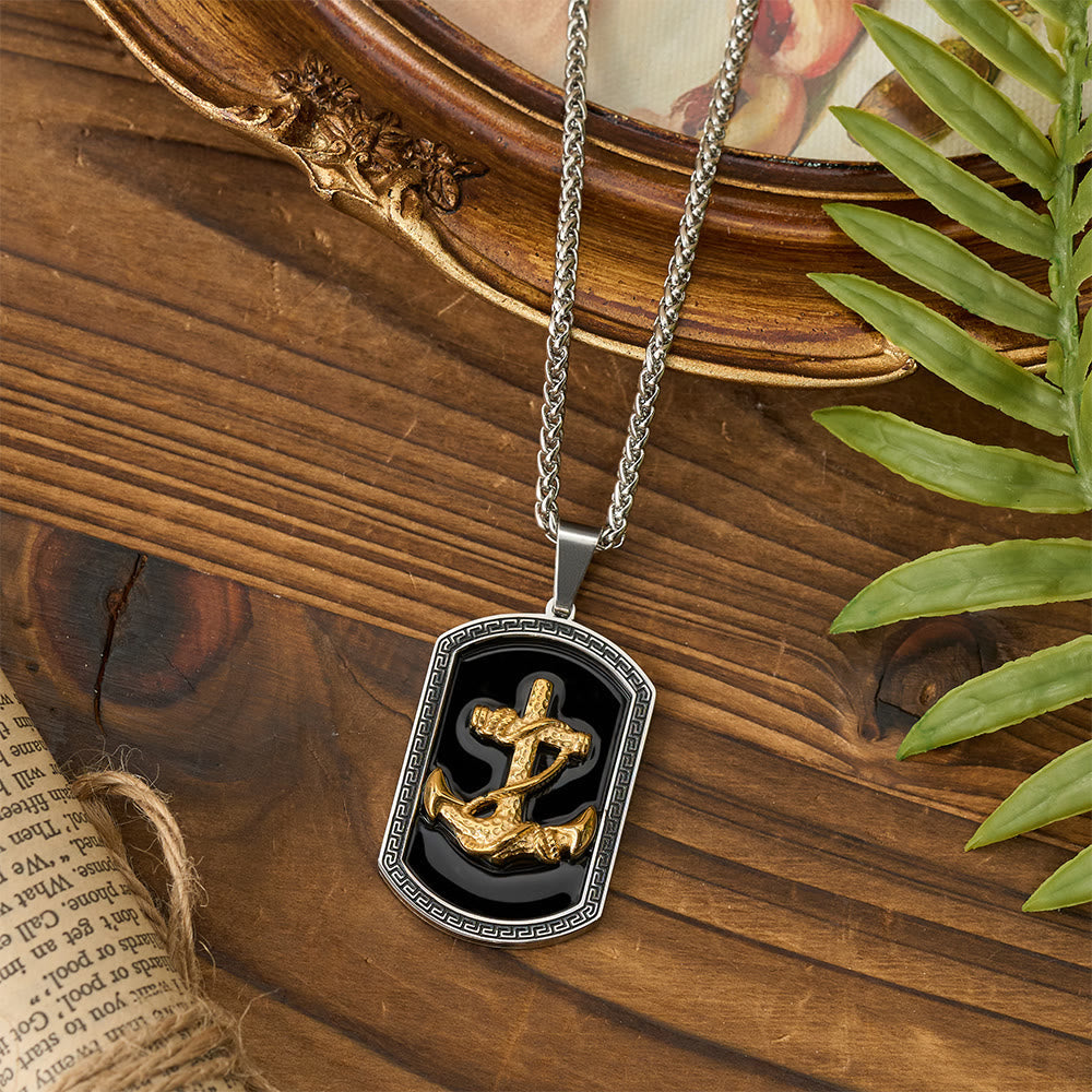 Anchor Cross Greek Key Dog Tag Pendant Necklace: Emblem of Faith & Steadfast Hope